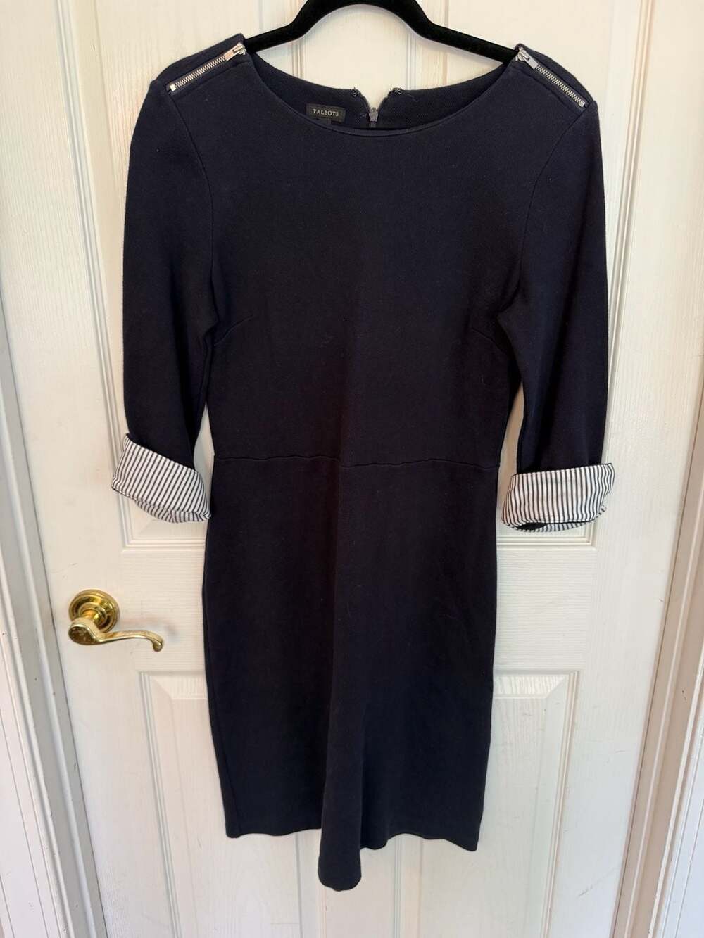 Talbots Navy Blue Cotton Sheath Dress w/ Shoulder Zippers & Striped Cuffs Size M